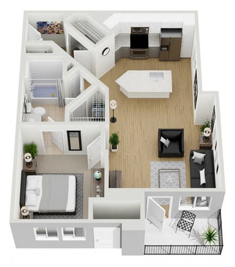 Floor plan for 1 bed, 1 bath, 740 sqft